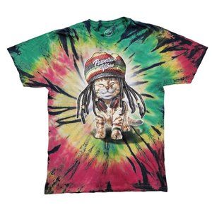 DOM Tie Dye Pawsitive Vibes Rasta Cat Shirt 100% cotton size medium